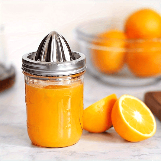 Stainless Steel Citrus Juicer designed for Mason Jars, with Wide Mouth and Food-Grade Metal. A Handy Juicing Tool for Your Kitchen, Essential for Home Use.