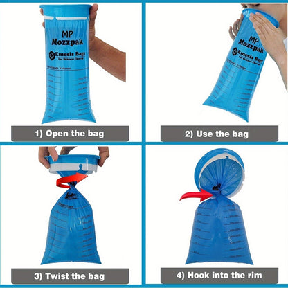 60 medical grade vomit bags, each with a capacity of 1000ml. These leak-resistant disposable barf bags are perfect for travel, motion sickness, and various other uses in cars, aircrafts, taxis, outdoors, living rooms, bedrooms, and even for pet supplies.