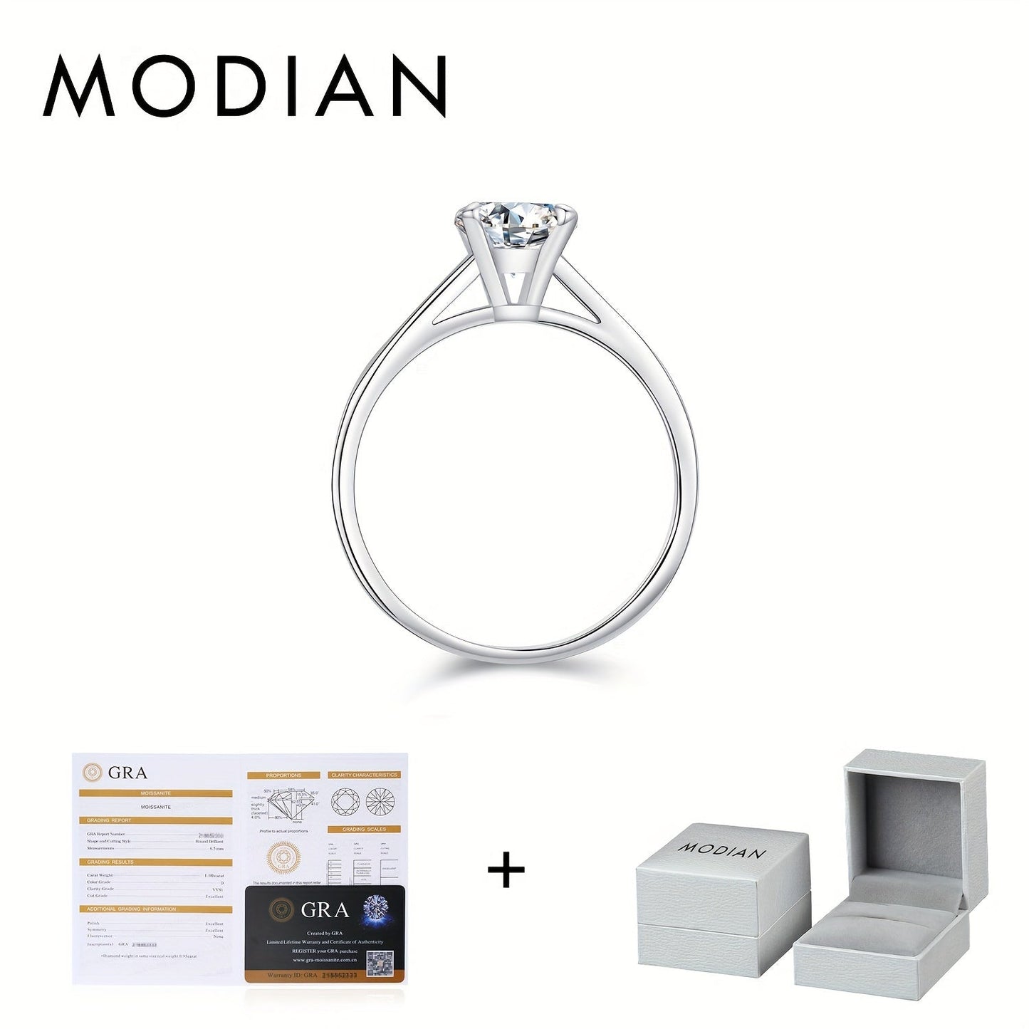 Stunning MODIAN 1 Carat Moissanite Engagement Ring for Women featuring a 925 Sterling Silver Band, Classic 4-Prong Solitaire Setting with D Color VVS Clarity, Round Brilliant Cut Stone. Perfect for Weddings and Valentine's Day, makes a beautiful jewelry