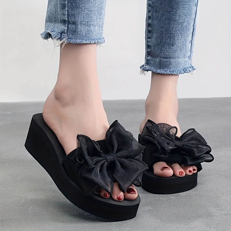 Women's Bowknot Wedge Heeled Sandals, Open Toe Platform, Slip On Comfort.