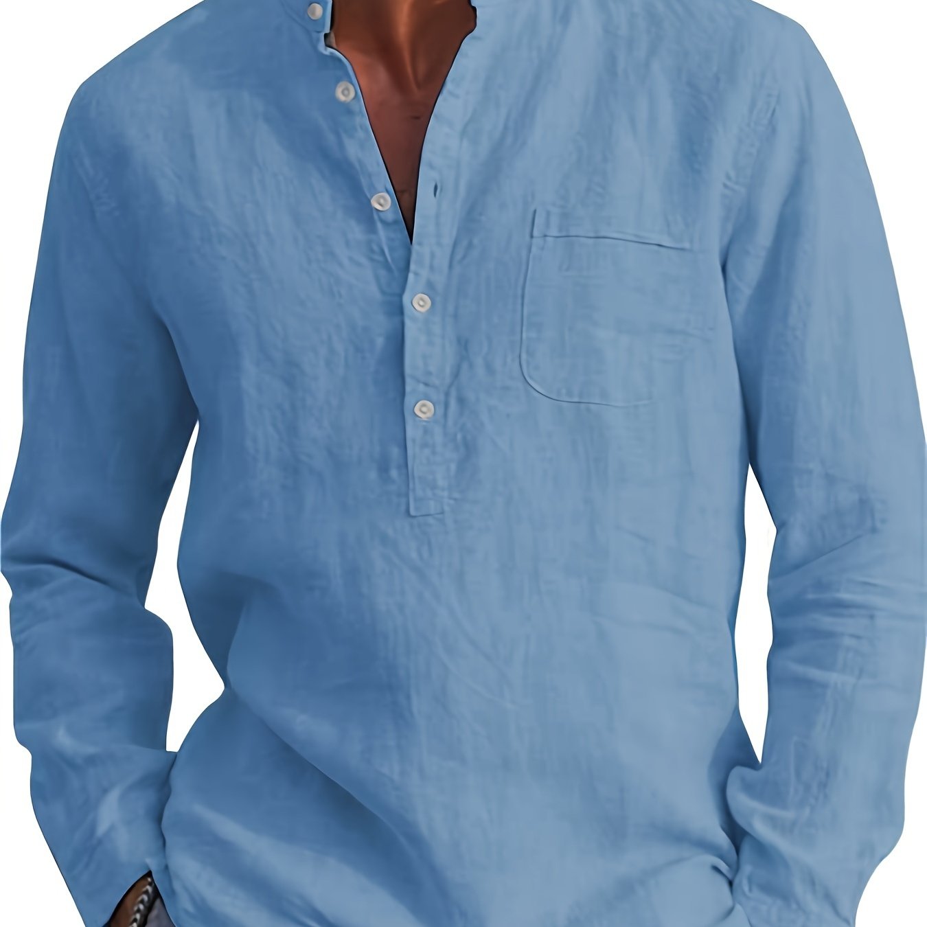 Resort-style plus size men's Henley shirt with long sleeves.