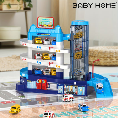 BABY HOME 4 Cars Garage with Parking Lot, Rail Car, Ambulance, Police Car, School Bus Toy Gift for Boy or Girl.