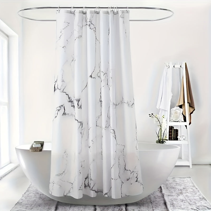 Get the Elegant Marble Pattern Shower Curtain Set with Plastic Hooks for your bathroom. This waterproof, moisture-resistant polyester curtain is machine washable and extra long at 180.34x199.9cm. Enhance your bathroom with this chic decor set.