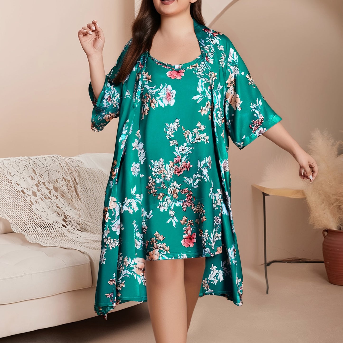 Plus Size Elegant Pajama Set with Satin Leopard Print Robe and Cami Dress.