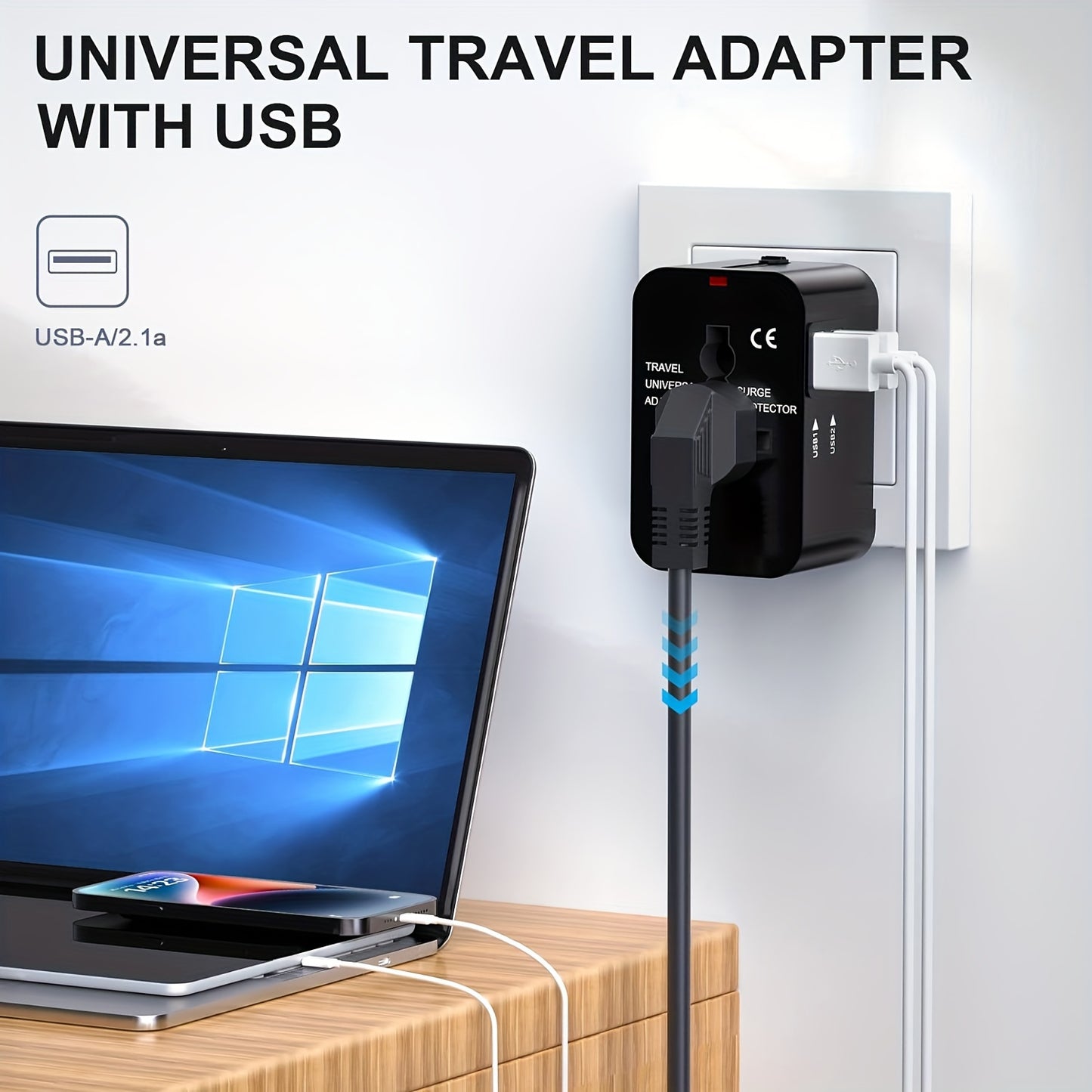 Travel adapter with two USB charging ports