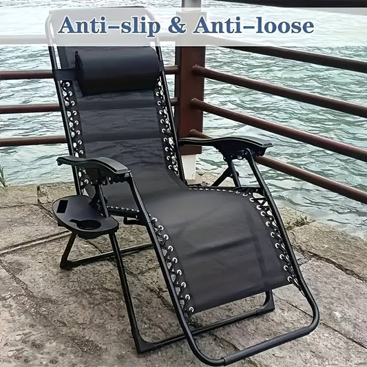 Black plastic cup holder tray with phone slot for recliners, fishing chairs, folding chairs, and lounge chairs. Perfect for home, balcony, camping, and picnic. Does not require electricity.