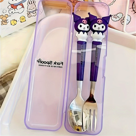 Sanrio Cutie Kouromi Hello Kitty Cartoon Spoon And Fork Set: Stainless steel kitchenware 2-piece set for restaurants and food trucks.