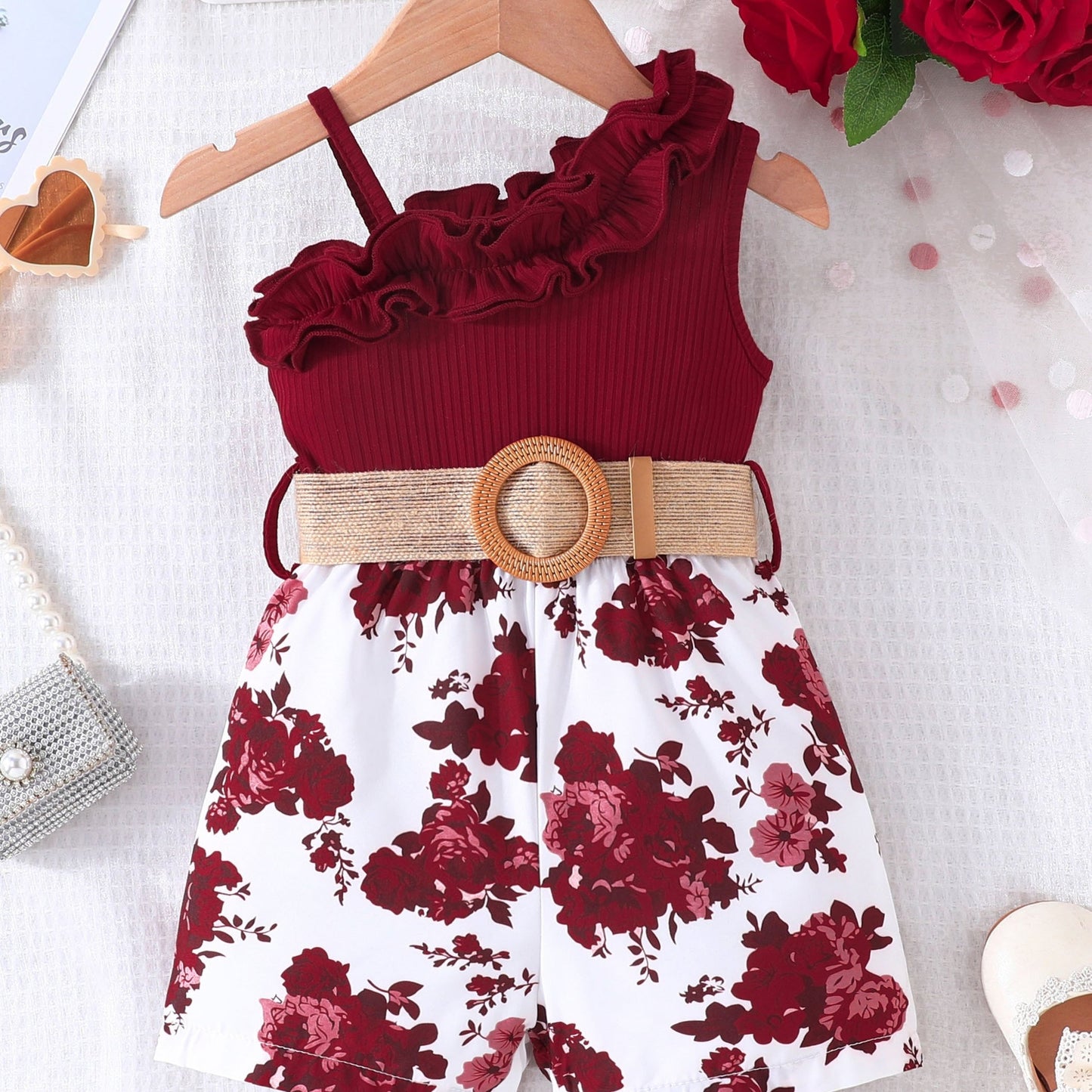 Infant girl's one-shoulder romper with belt in flower pattern for summer outings.