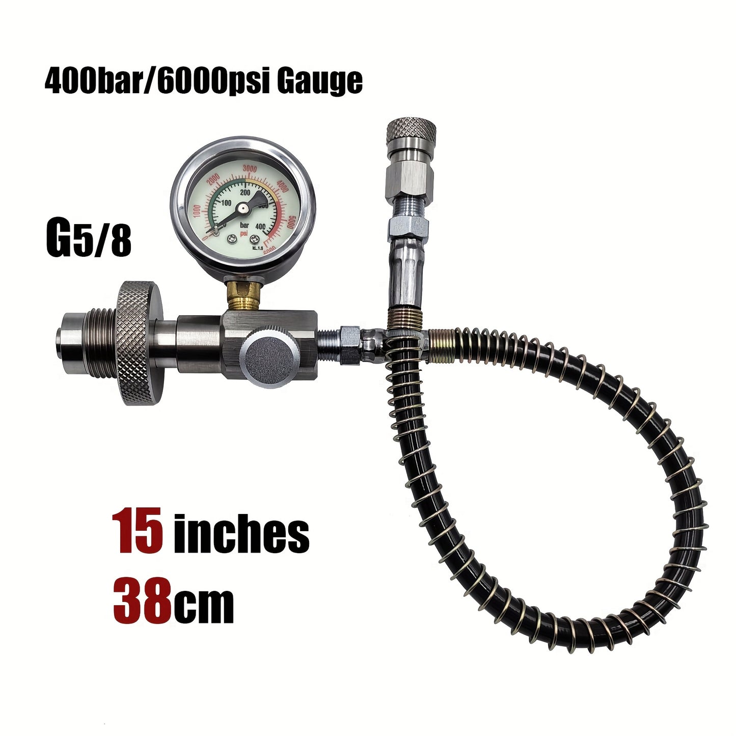 High-pressure diving filling station adapter kit with 6000psi gauge, stainless steel, includes quick disconnect hose for transferring gas from large tanks to small bottles.