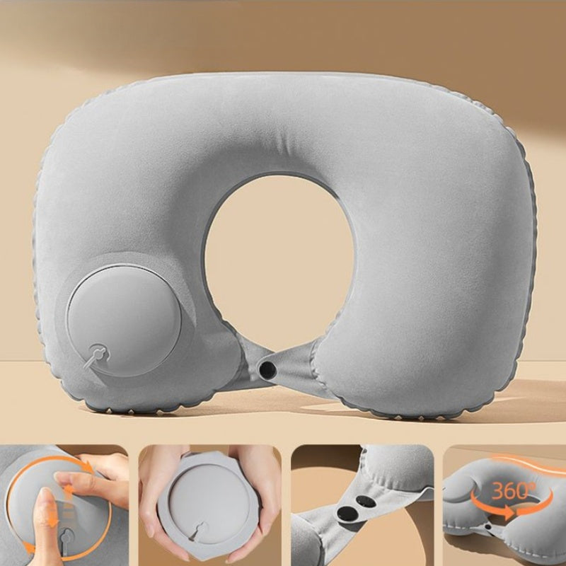 Inflatable U-Shaped Neck Pillow - Portable Travel Cervical Support Cushion. Made of Soft Woven Material, No Batteries Needed. Easy Spot-Clean Care. Available in Black/Grey.