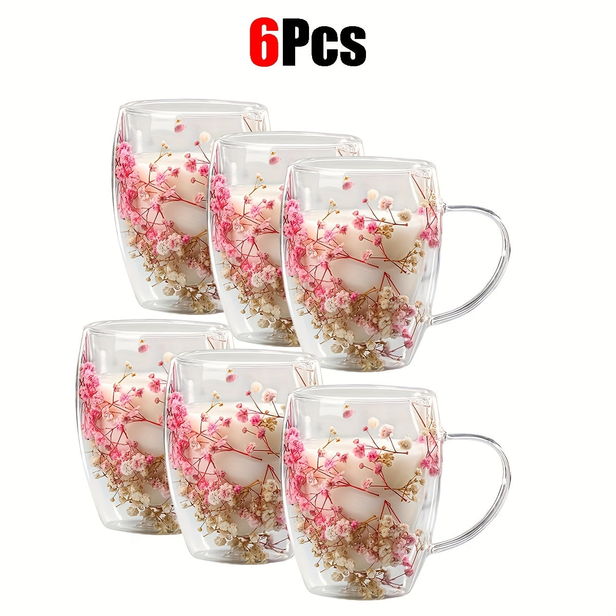 11.830z Double-walled Glass Coffee Cup with Dried Flowers, Insulation, Reusable for Espresso, Iced Coffee, Juice - Hand Wash Only - 2-4-6pcs