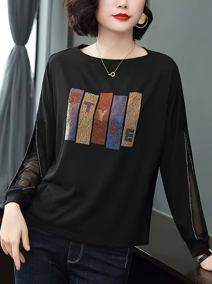 Women's rhinestone embellished loose-fit blouse with letter pattern design, made of polyester knit with mesh panels and a round neck for spring/autumn.