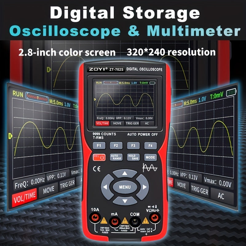 ZOYI ZT-702S is a combo device that integrates a 10MHz digital oscilloscope and multimeter with features such as True RMS, high-speed 48m/S, transistor probe, PC waveform display, and