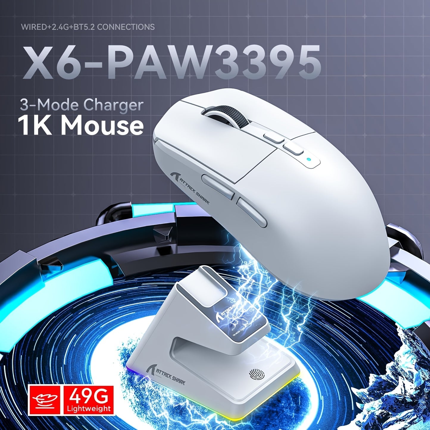 Attack Shark X6 Superlight Gaming Mouse with Magnetic Charging Dock, PixArt PAW3395 Sensor, Ambidextrous, for Windows, Xbox, PS, Mac - 300mAh Rechargeable Battery, Type-C USB Charging