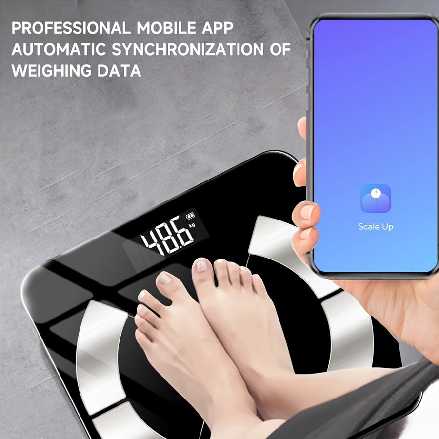 ACCUWAY Smart Bathroom Scale with precision, HD display, 181.44KG capacity, BMI & muscle moisture analysis, and mobile app connectivity.