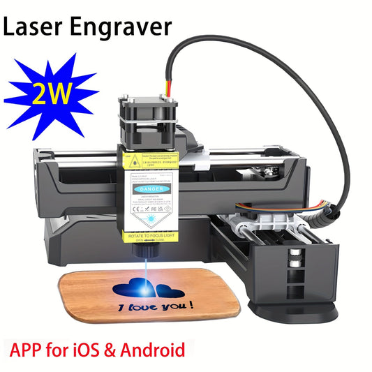 EasyThreed 2W Laser Engraver for beginners with wireless connectivity, 100x100mm engraving area, compatible with Android & iOS. Ideal for DIY projects on various materials. Includes EU plug