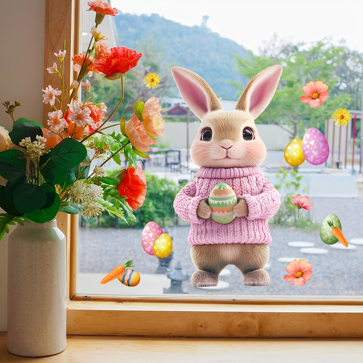 Decorate your home for spring with this adorable Easter Bunny holding egg dual-sided electrostatic window decal. This cute rabbit design features a carrot and flowers, making it the perfect addition to your Easter decor. Made from reusable PVC material