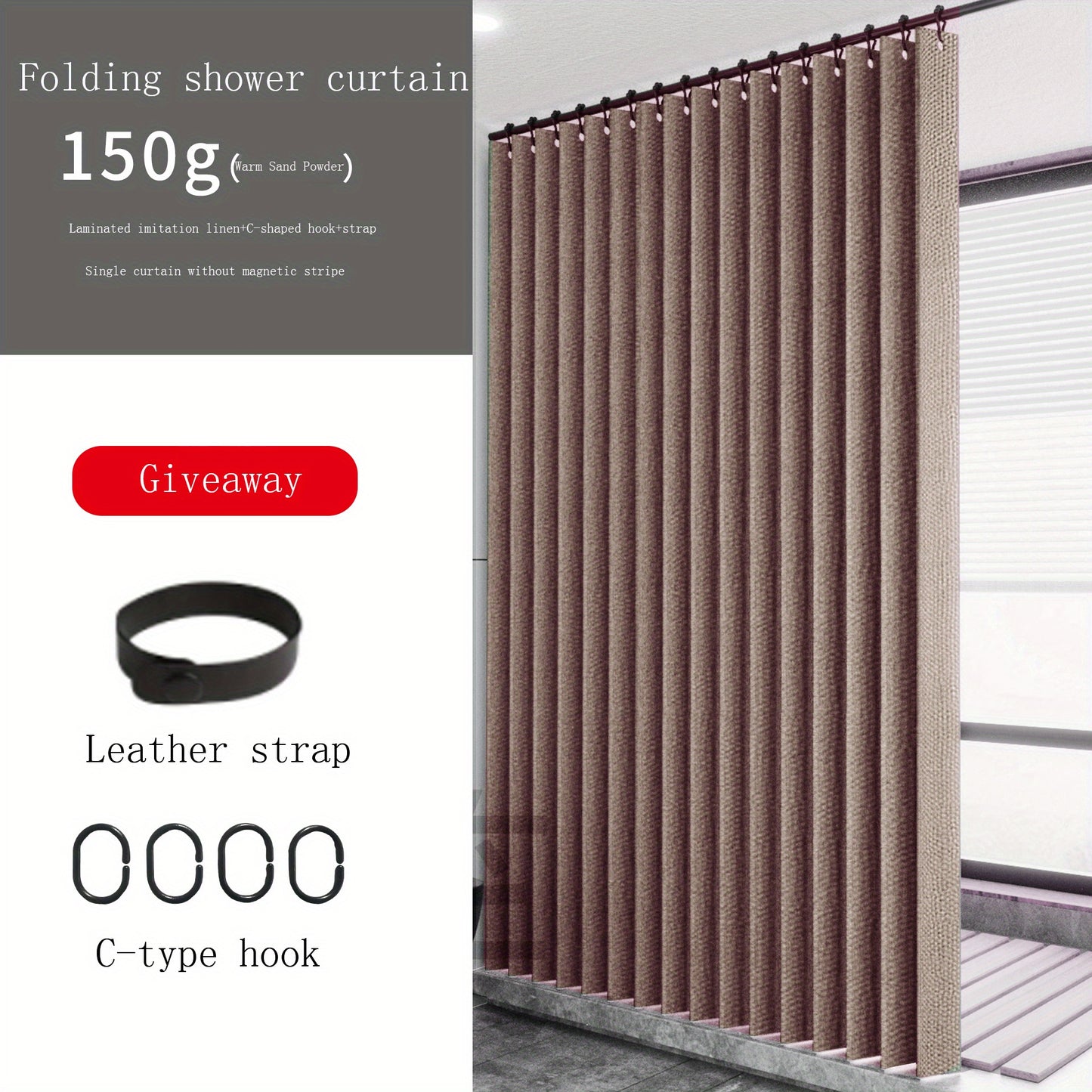 High-pressure folding waterproof shower curtain made from durable imitation linen fabric. Features wet and dry separation for bathroom and cabinet dust protection. Includes faux leather strap and C-type hooks. Machine washable for easy care. Provides