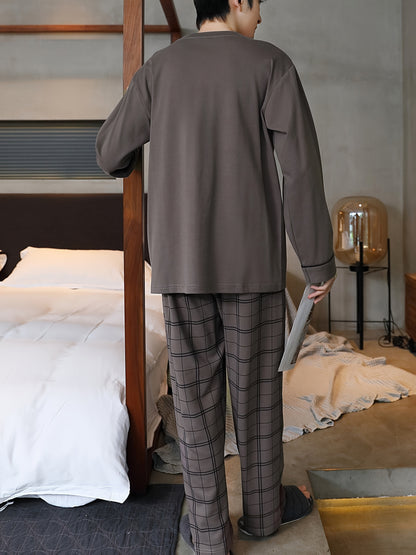 Men's plaid pajama set made of polyester knit fabric with slight stretch, includes crew neck long sleeve top and pants for loungewear sleepwear in spring/summer/fall.