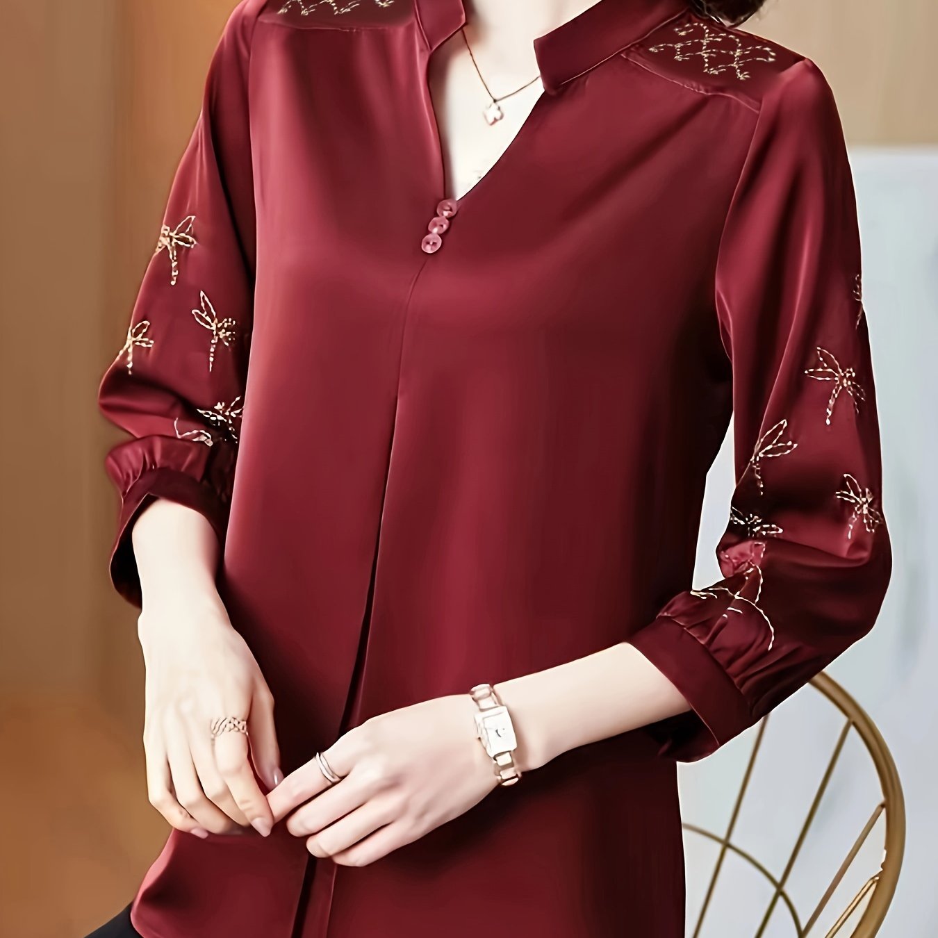 Notched Neck Blouse with 3/4 Sleeve Embroidery for Women's Spring & Fall Collection