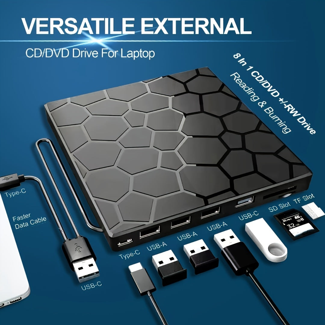 An ultra-thin portable CD/DVD drive with USB 3.0 Type-C port, SD card reader, and compatibility with various devices and operating systems.