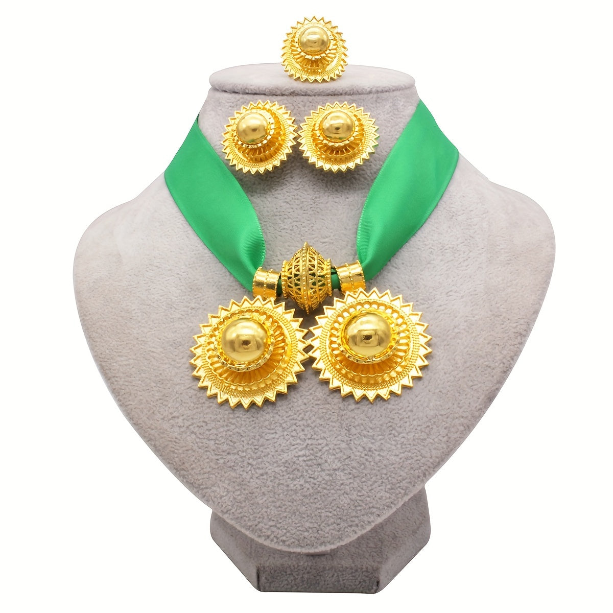 Luxury jewelry set includes four pieces: a necklace, earrings, and a ring plated in multiple colors. Perfect for evening parties and traditional bridal accessorizing. Choose from a variety of colors.