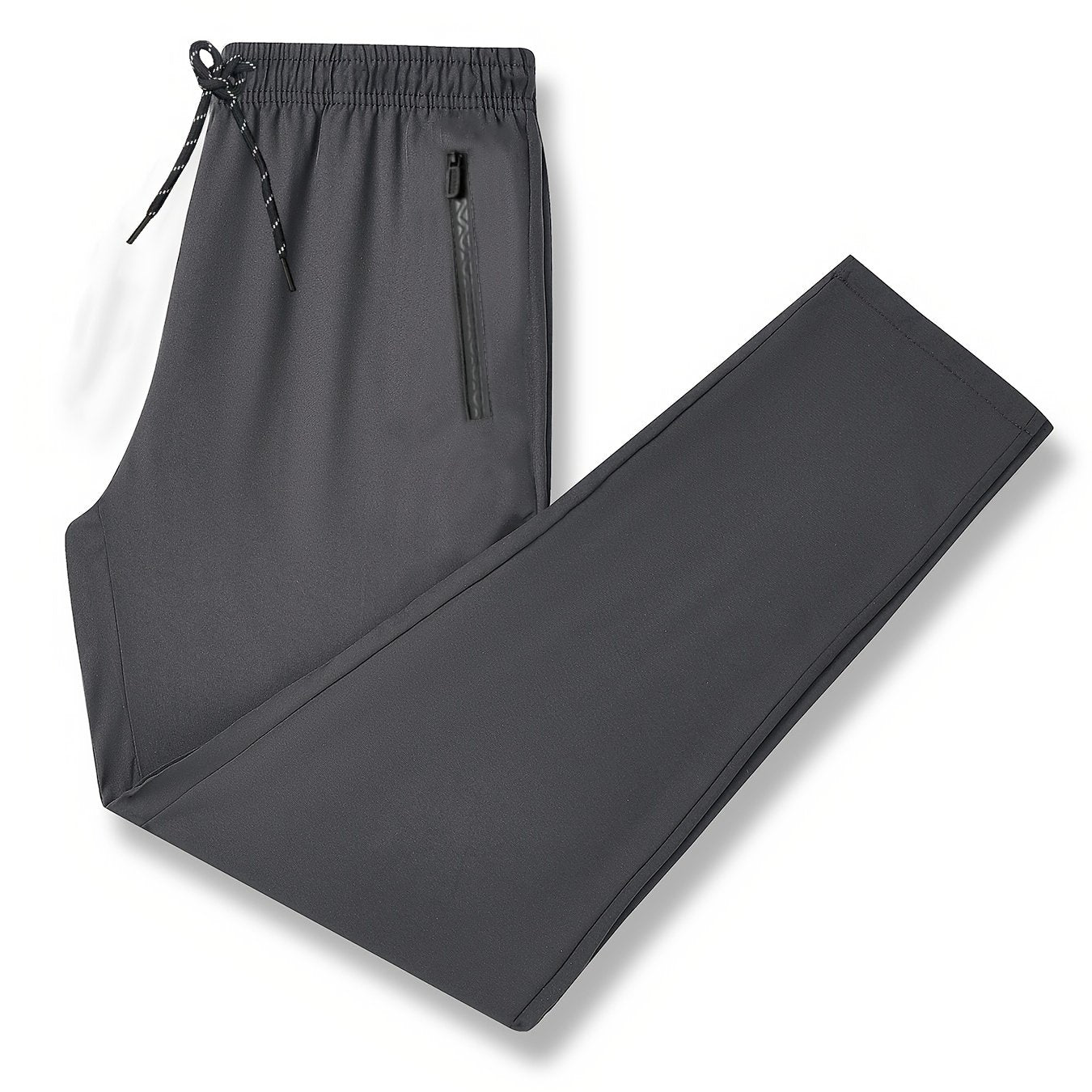 Men's casual sports running pants, polyester fabric with slight stretch, regular fit with zipper detail, breathable and quick-dry for spring/fall season.