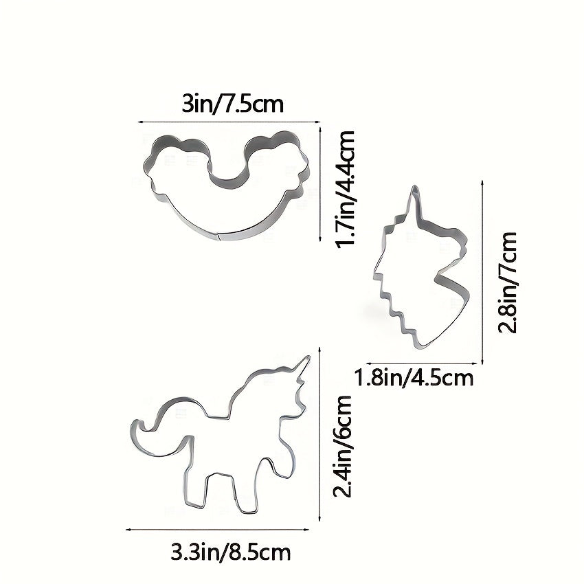 Three stainless steel unicorn-shaped cookie cutters for fondant baking tools available in a set.