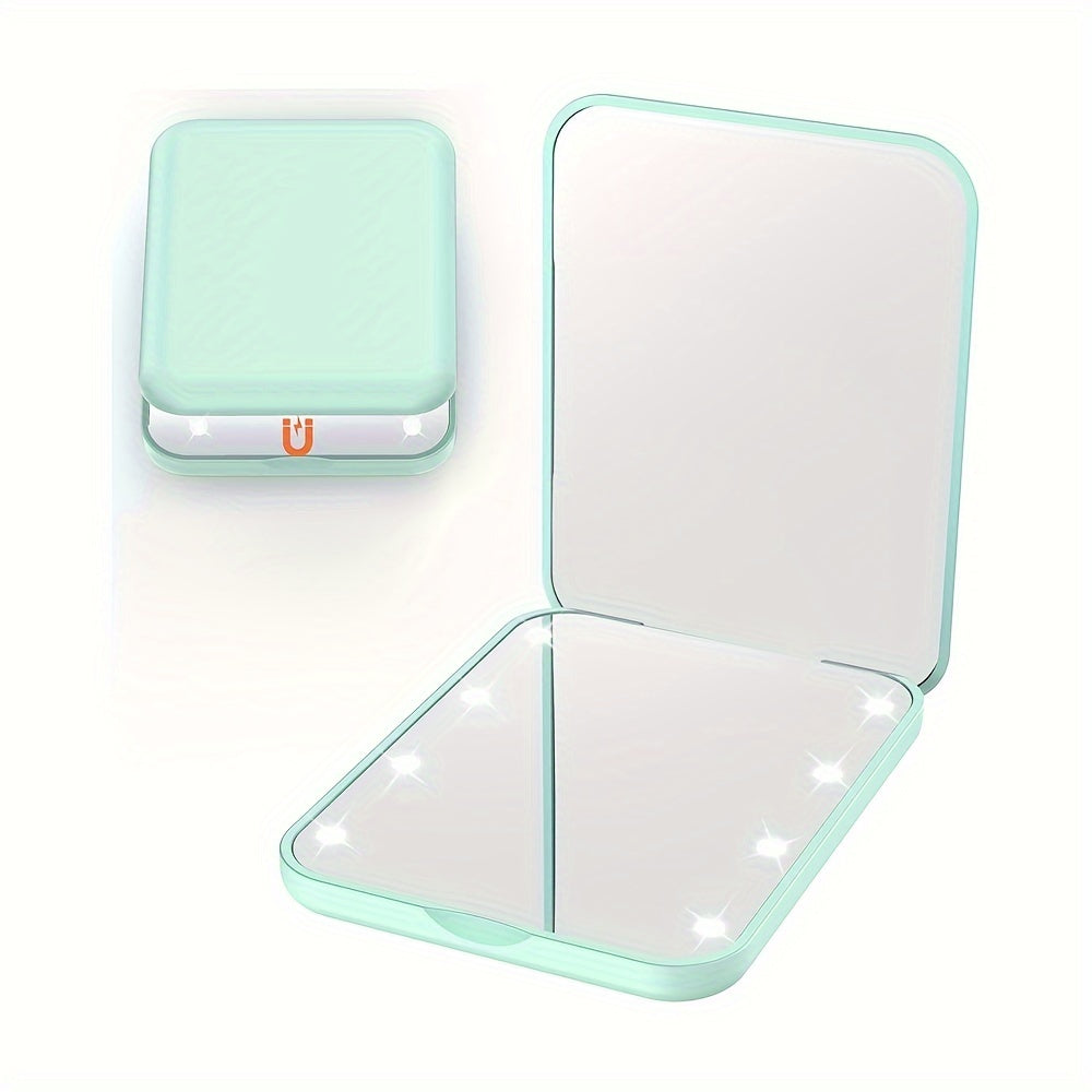 Travel-friendly LED makeup mirror with 1X/3X magnification, double-sided with lights, compact and portable for gifting.