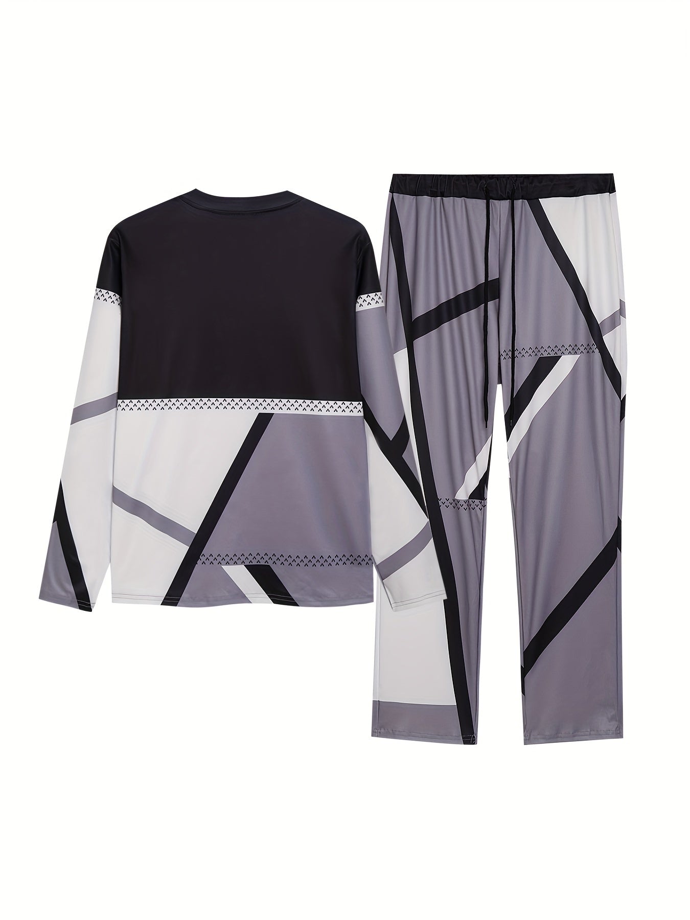 Geometric print two-piece set with crew neck top and pants, women's plus size clothing.