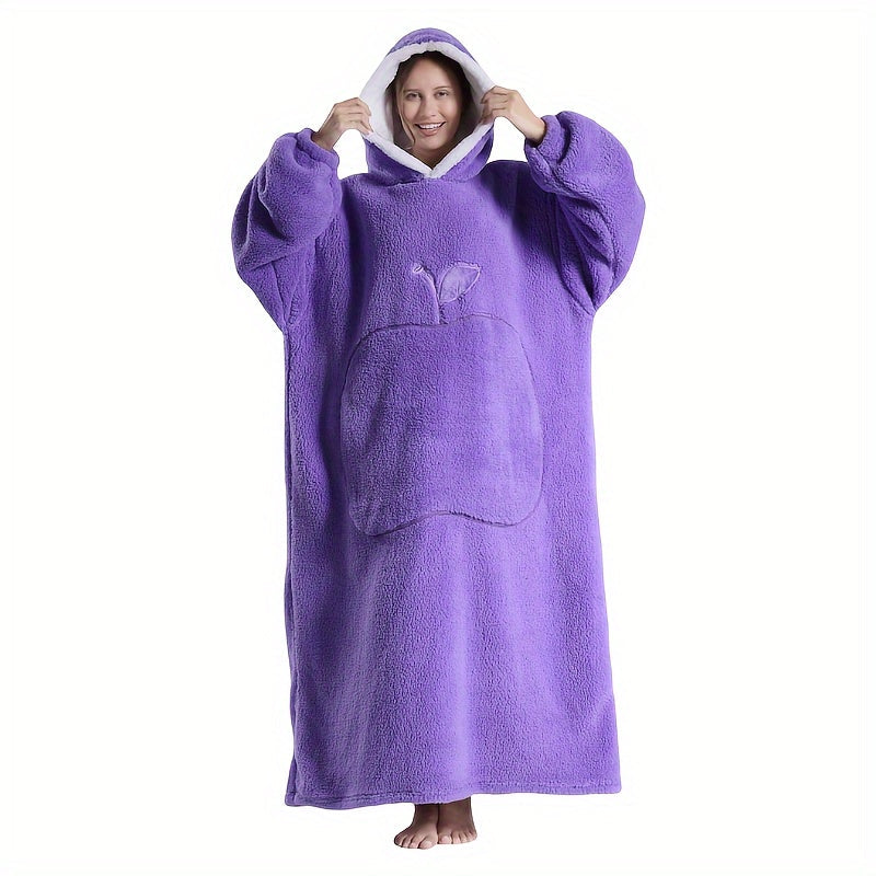 Ultra-Soft Polyester Knit Hoodie Blanket with Reversible Design and Apple Pocket - Oversized Wearable Fleece Robe for Couples, Ideal for Christmas & Halloween Gifts, Hand Wash Recommended