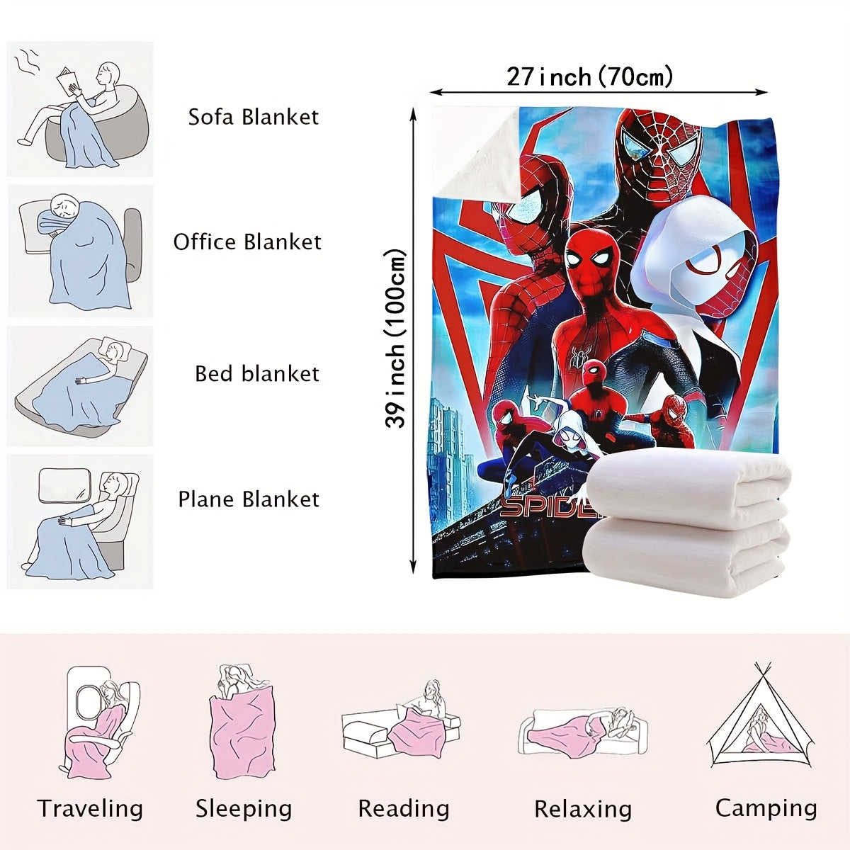 Four Spider-Man-themed decorative blankets that can be used as carpets, bed covers, towels, nap blankets, leisure blankets, and travel blankets. Made from knitted polyester, these blankets are modern and versatile, suitable for use in all seasons.