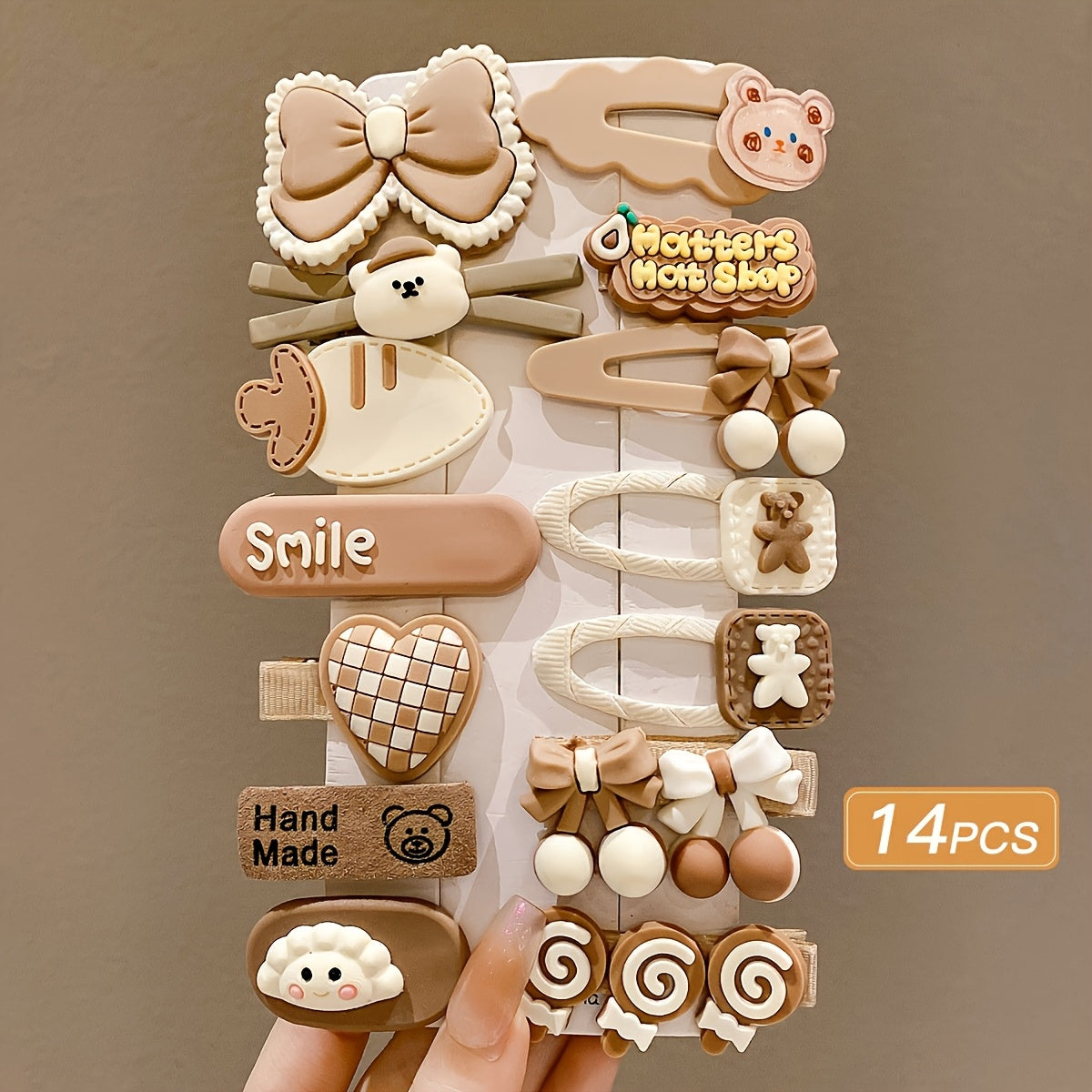 Set of 14 cute cartoon hair clips for women with milk coffee design in mixed colors, perfect for bangs and flyaways.