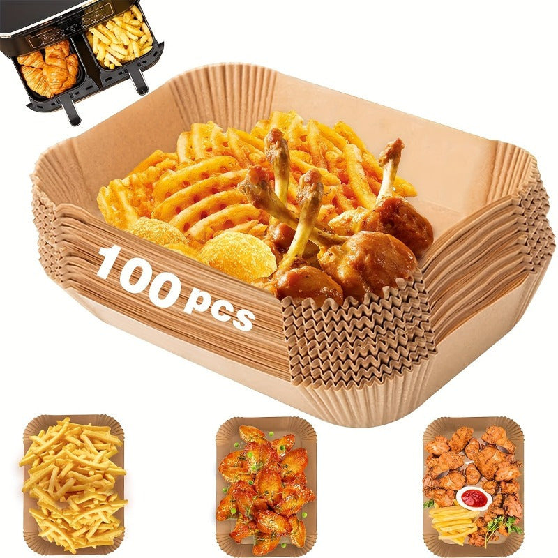 Non-Stick Disposable Air Fryer Liners available in packs of 200, 100, and 50 - perfect for use in square paper basket bowls, baking trays, and air fryer inner pots. These oven-safe kitchen accessories are essential baking tools for hassle-free cooking.