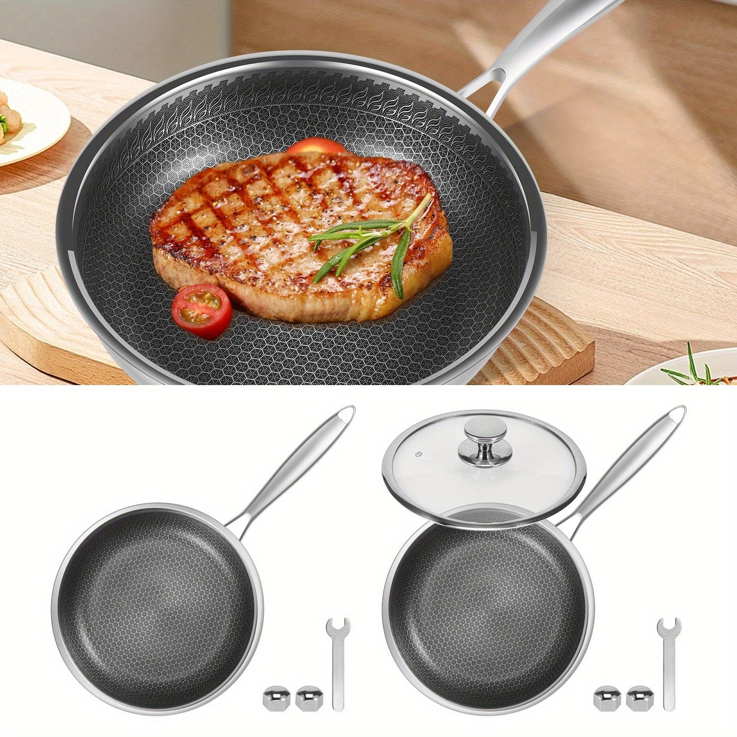 Stainless Steel Frying Pan with Lid, Honeycomb Nonstick Cooking Skillet - Jetcloud 25.4 cm - Anti-Scratch Induction Compatible - Detachable Handle - Dishwasher Safe - Premium Kitchen Cookware