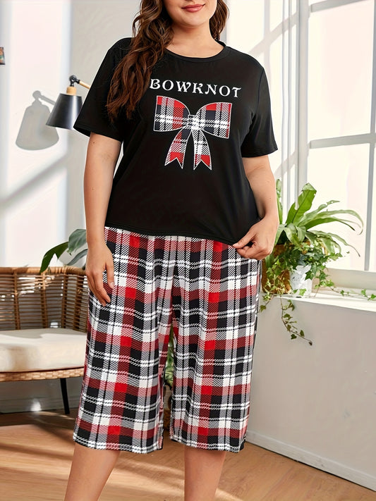 Women's casual clothing set with bowknot and plaid print, featuring a short sleeve round neck top and capri pants for a comfortable relaxed fit.