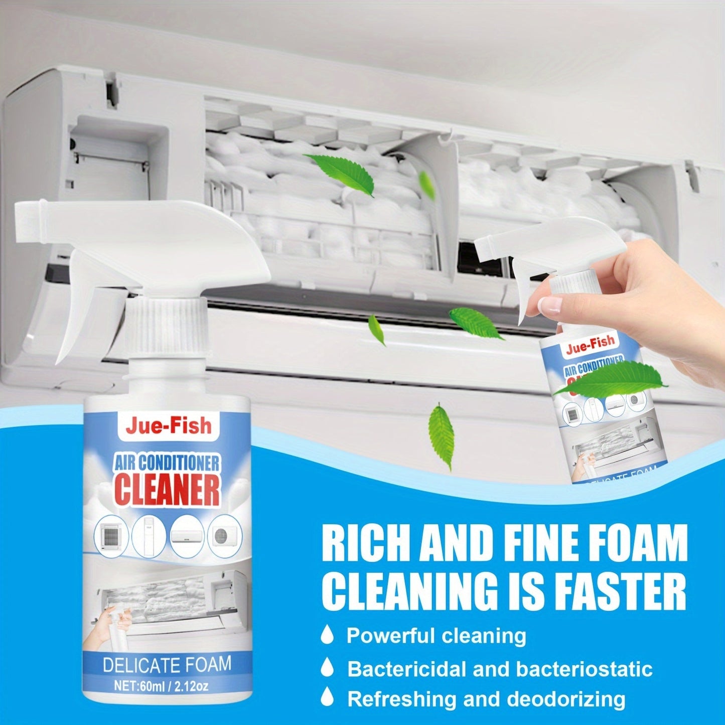 Household air conditioning and cabinet cleaner featuring a no-residue liquid formula infused with Limonene for effective decontamination and deodorization. Ideal for cleaning and creating bubble-based freshness.