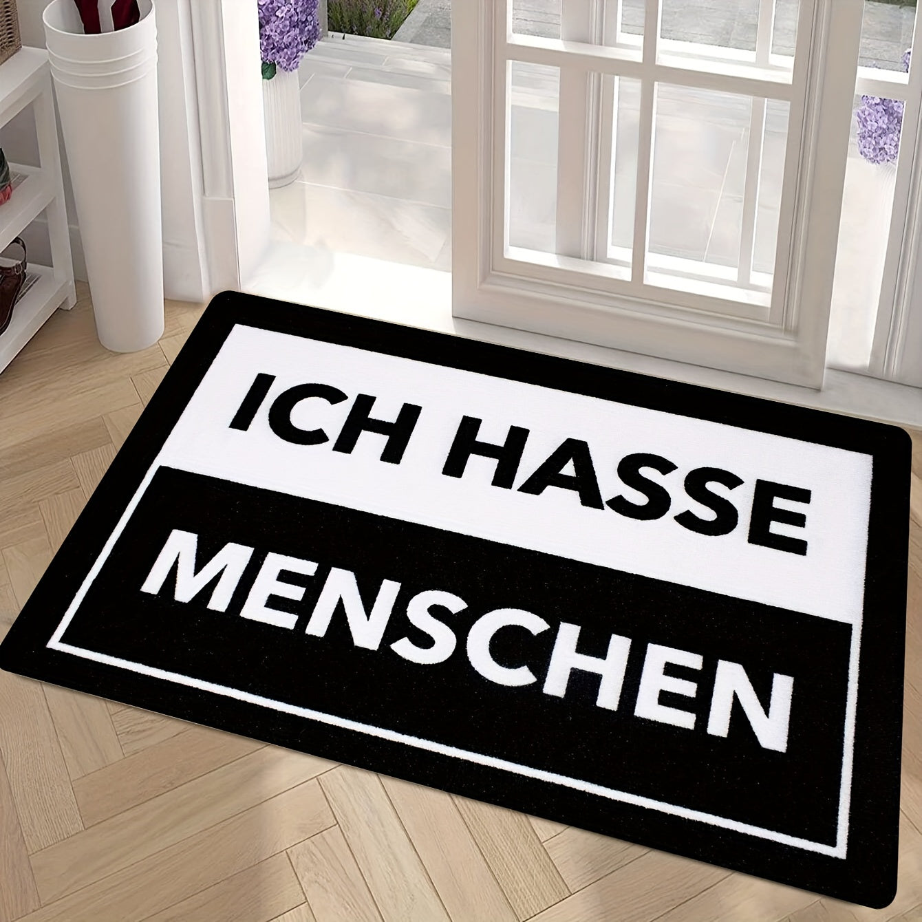 Anti-Stain Polyester Doormat with "ICH HASSE MENSCHEN" Design - Machine Washable, Low Pile Indoor Entrance Mat - Easy to Clean Home Decor Rug - Durable 1cm Thick Rectangle Mat - Machine Made Carpet for Small Spaces (Less than 2.16m², Shortest Side under