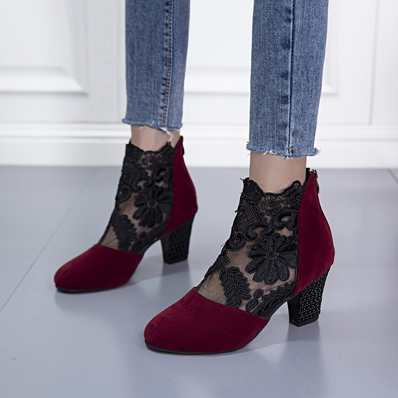 Women's Floral Lace Pattern Boots with Back Zipper, Chunky Heel, and Round Toe