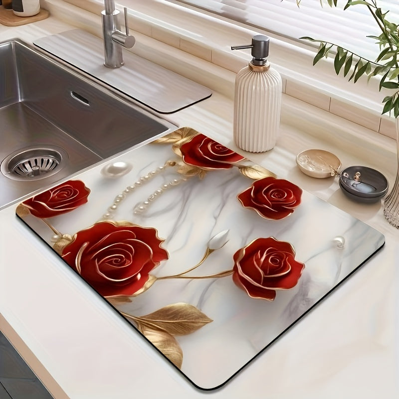 Top Pick! Elegant Floral Kitchen Drying Mat - Highly Absorbent & Non-Slip, Made with Diatom Mud Rubber, Perfect for Countertops, Faucets & Pet Areas, Stylish Black with White Flowers & Green Leaves Design, a Must-Have for Every Home