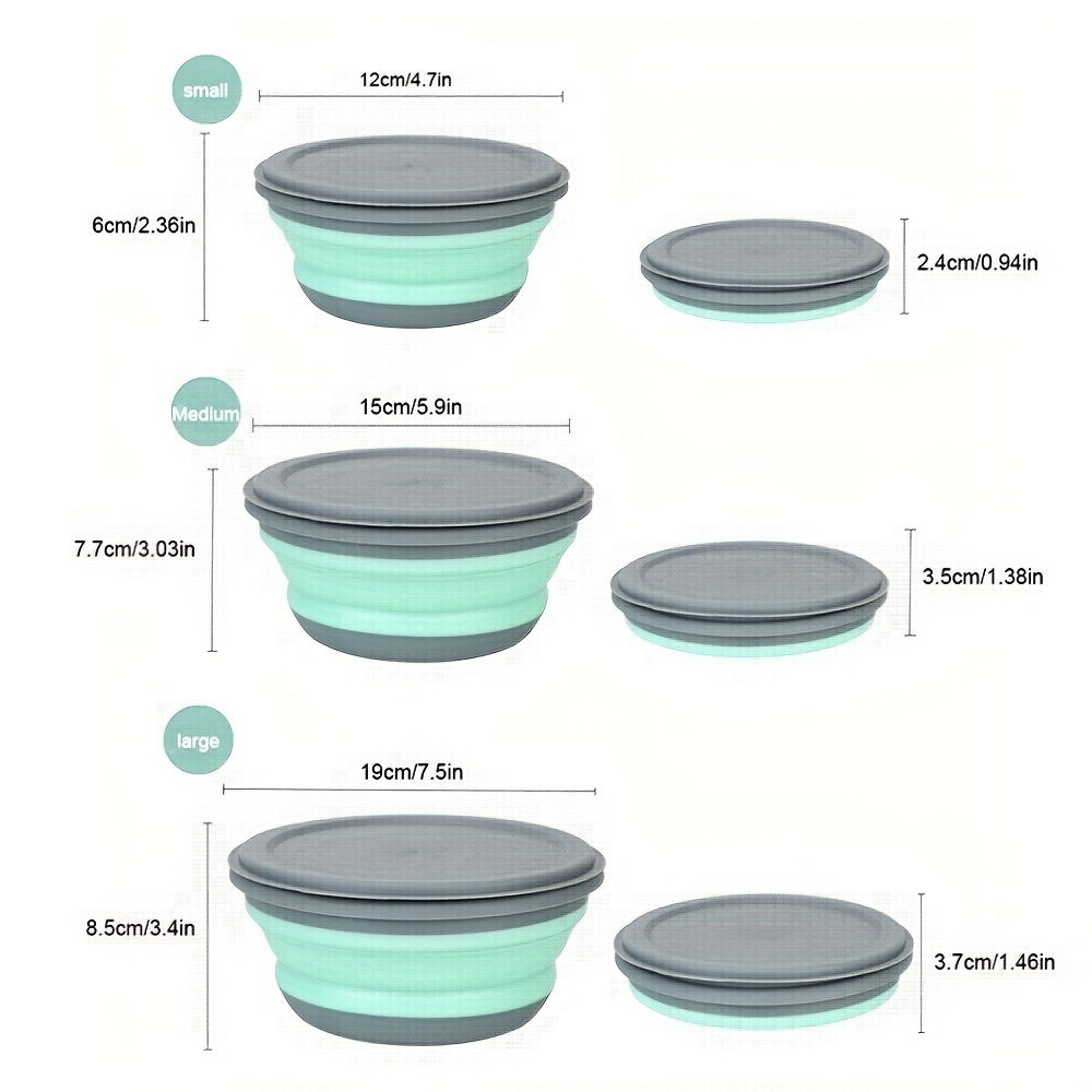 3 silicone folding bowls with lids for food and water, perfect for outdoor camping.