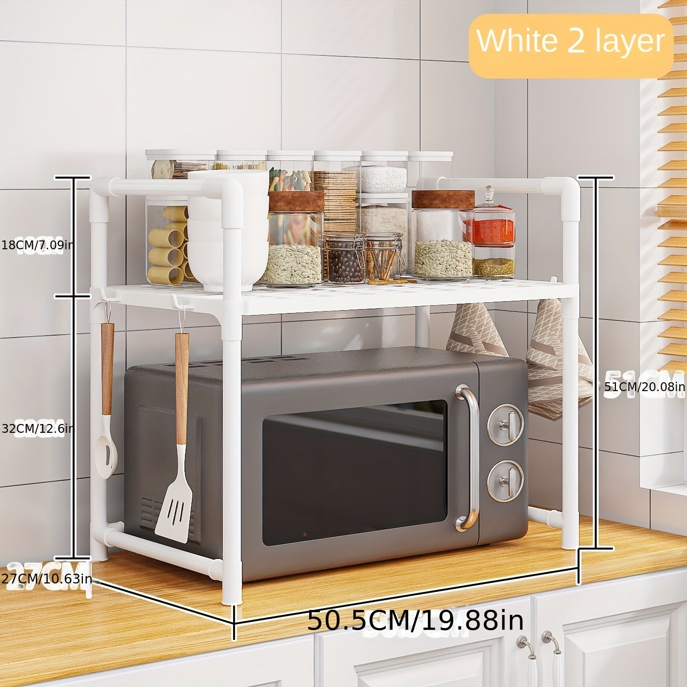 Upgrade your kitchen storage with the Laoyeboubi 2-Tier Metal Microwave Stand. This adjustable and expandable kitchen shelf is made from durable plastic material that is easy to clean and compatible with non-food contact. Perfect for organizing your