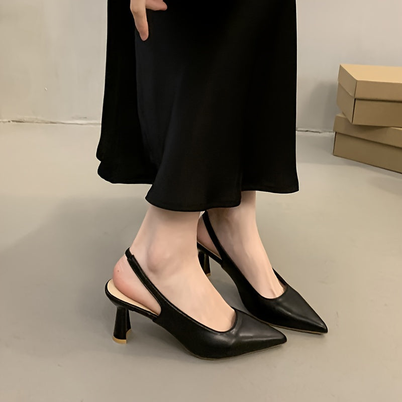 Elegant solid color stiletto high heels with pointed toe, rubber sole, and polyurethane insole. Versatile all-season dress shoes.