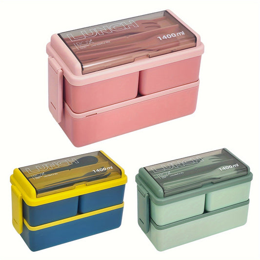 Double Layer Bento Lunch Box with Divider, Leak-proof, Microwave Safe, Made of PP Material, Ideal for Meal Prep - Available in Various Colors, 1400ml