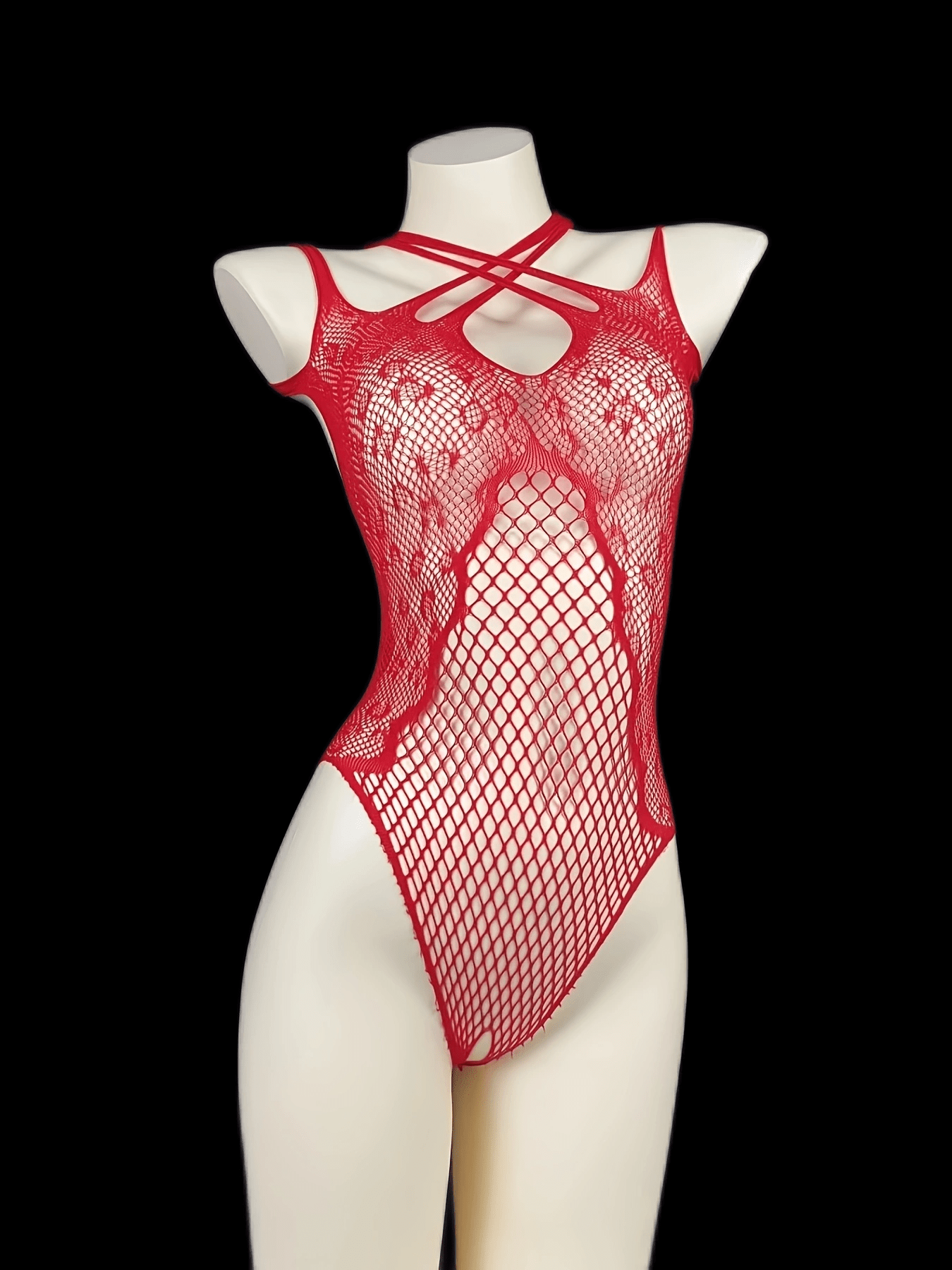 Red lace mesh bodysuit for women with hollow-out design, made of nylon. Features a tight and cropped style in knitted fabric.