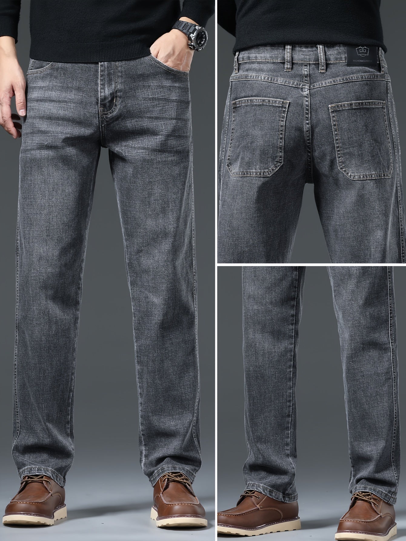 Men's solid denim pants with pockets, casual breathable cotton blend straight leg jeans for outdoor activities.