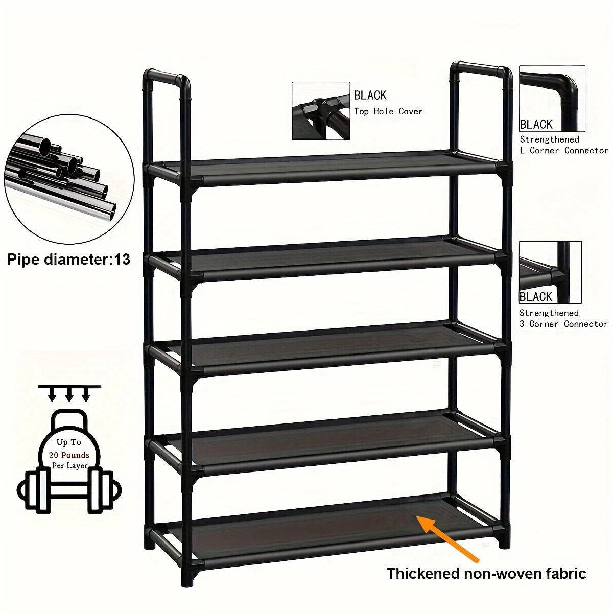 Free-standing shoe rack with multiple layers for easy storage of shoes in bedroom, hallway, bathroom, office, or any room in the house. Ideal for organizing and storing shoes and other household items.