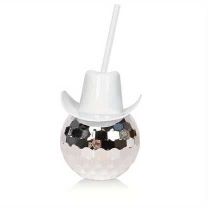 600ml Pink Cowboy Hat Disco Ball Tumbler with Straw - Shiny Electroplated Plastic Cup for Parties & Celebrations