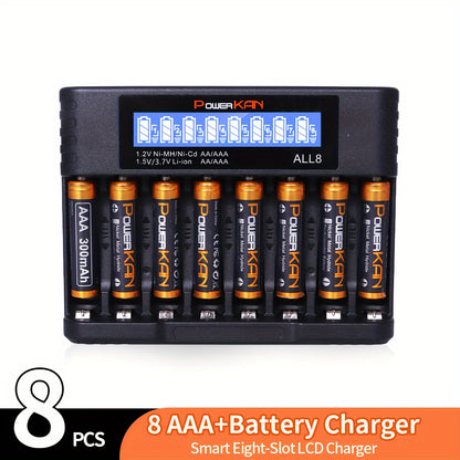 PowerKAN set includes high-quality 1.2V NiMH rechargeable AA & AAA batteries with ALL8 charger, suitable for rechargeable and discharge cycles. Pack includes 8x 800mAh AA and 8x 300mAh AAA