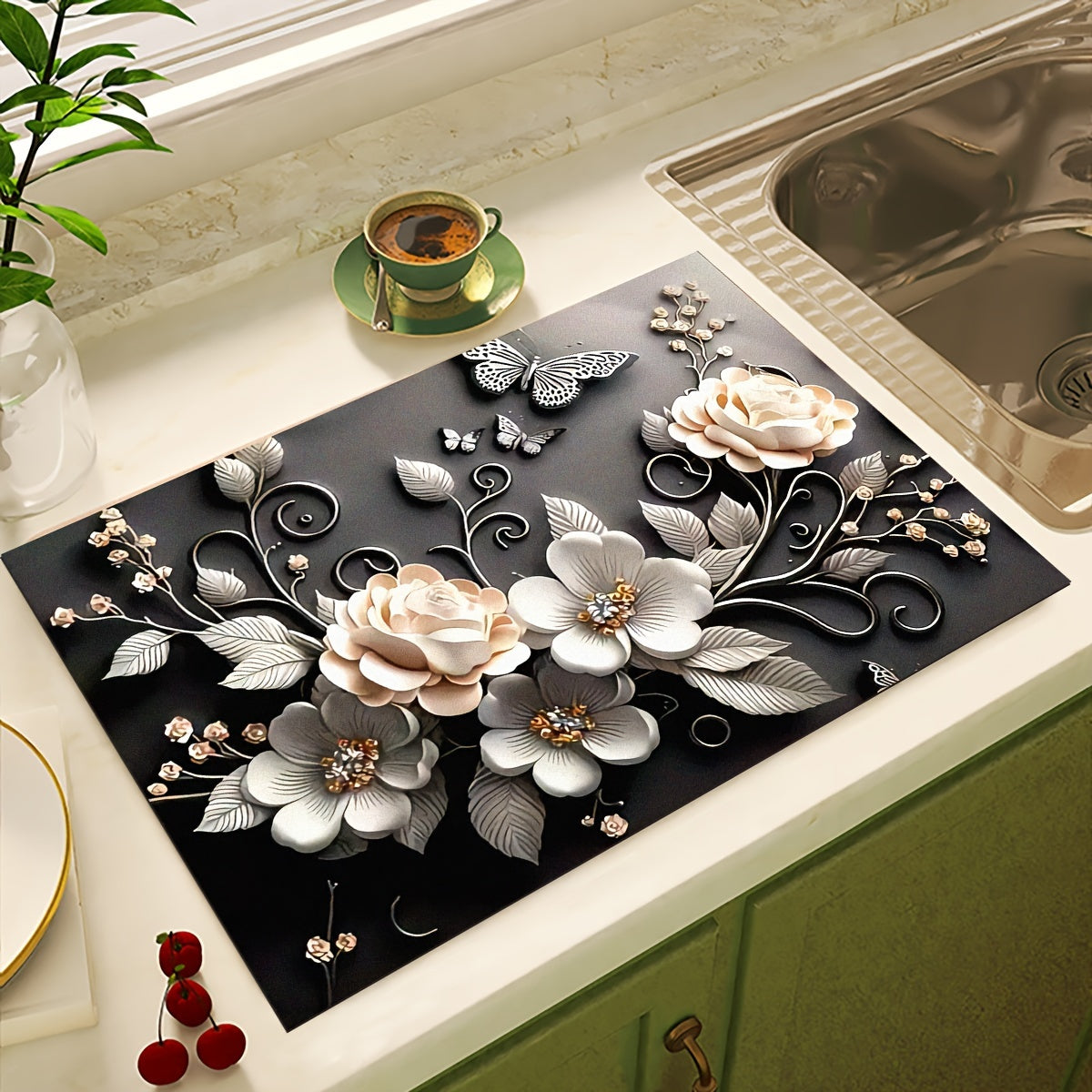 1 piece of 3D floral pattern absorbent mat made of soft silica gel with a non-slip quick-dry pad for kitchen countertop. Ideal dish drying mat for coffee machine, featuring a polyester cover. A must-have for your home kitchen!